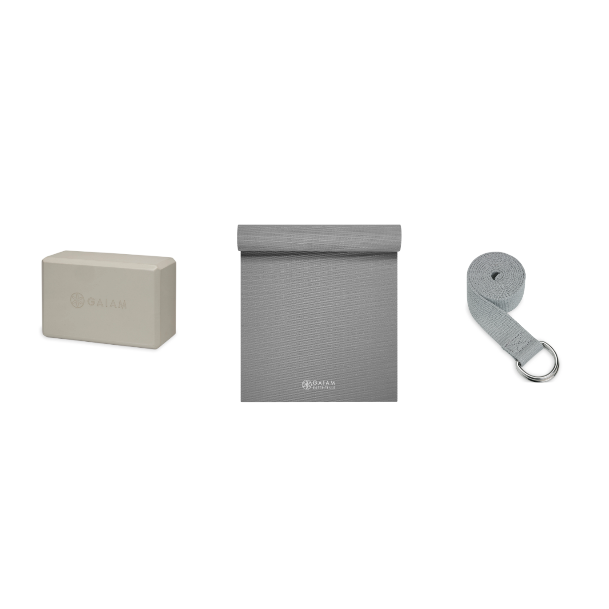 Yoga Bundle - Block (Sandstone), Mat (Grey), Strap (Grey)